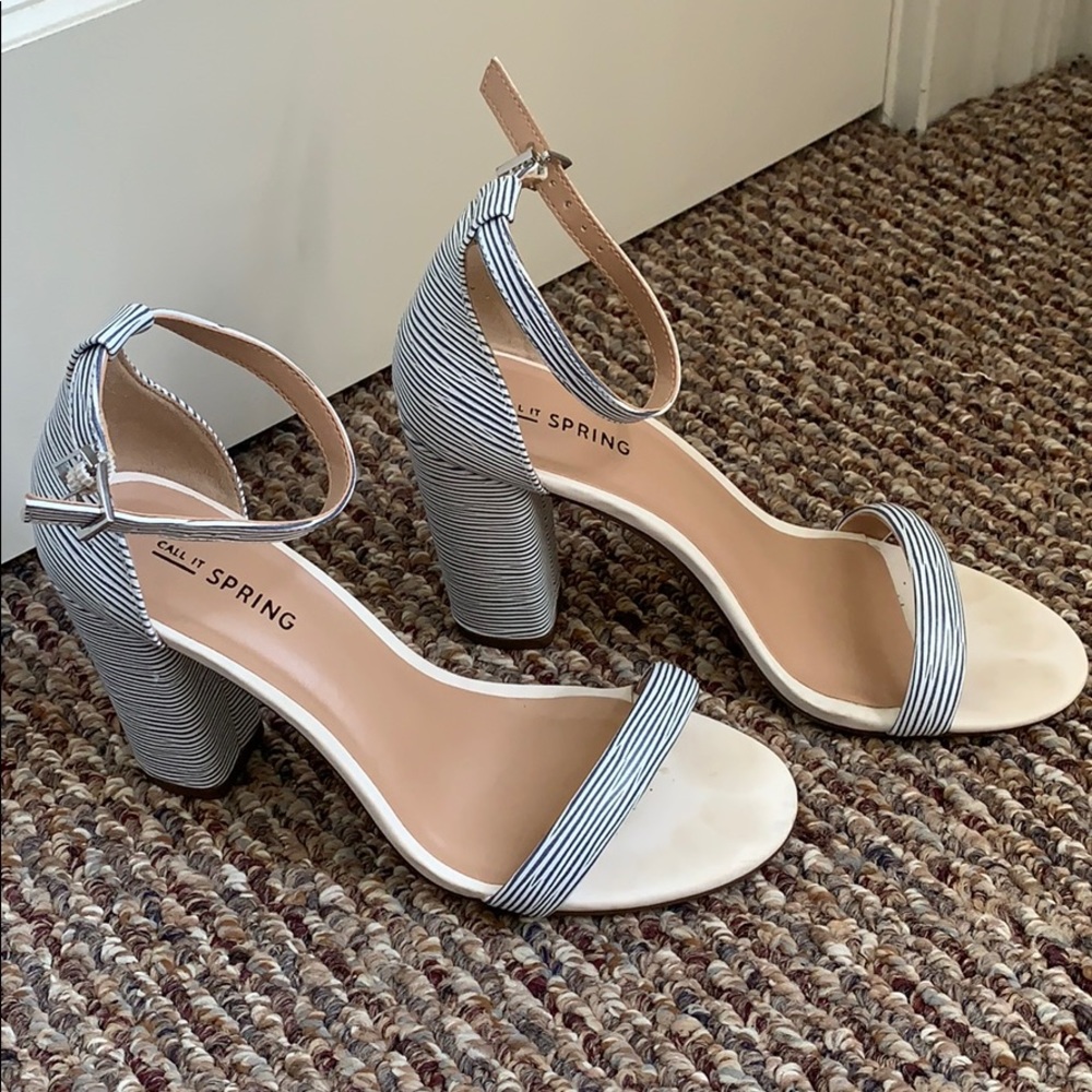 Blue and white minimal block heel sandals